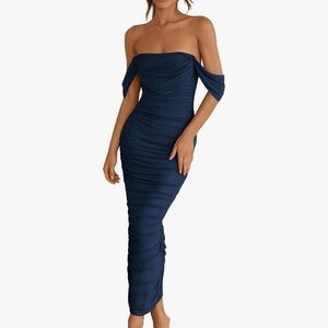 Strapless Navy Ruched Off-Shoulder Midi Dress